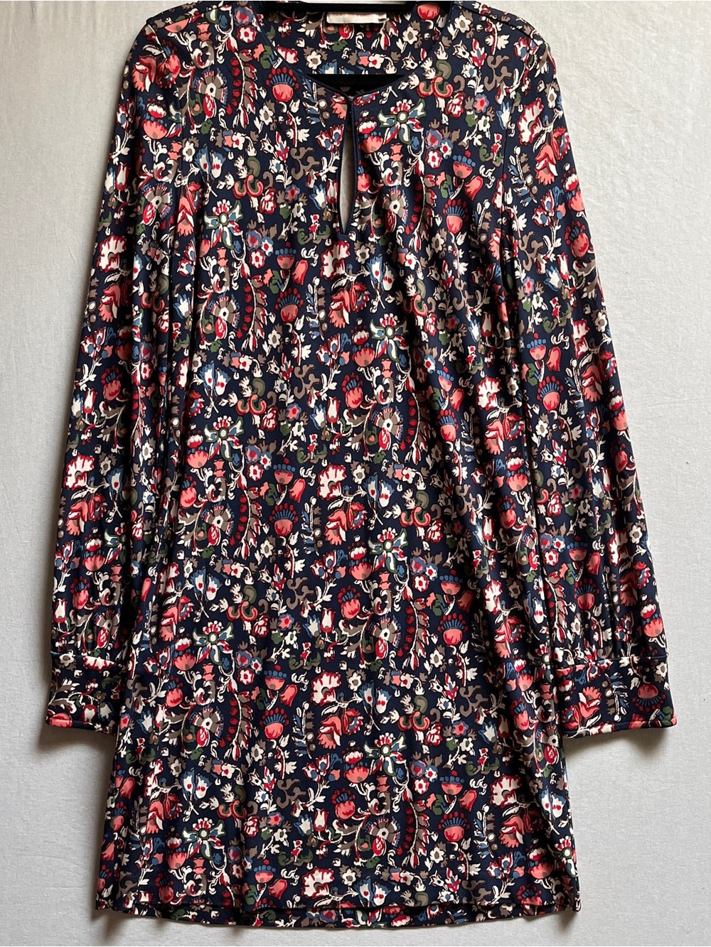 Tory Burch Navy Floral Long Sleeve Keyhole Tunic Dress Women Size L